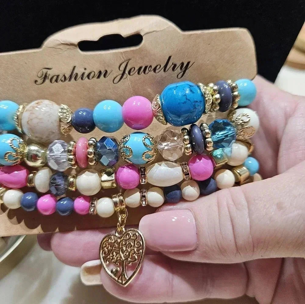 Set of 4 Bohemien stretch bracelets, pink and blue. Tree of life. - Picture 1 of 3